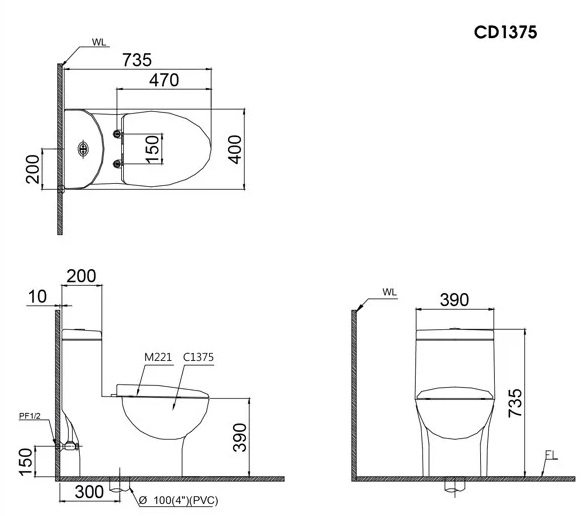 Bàn cầu Caesar CD1375 1 khối