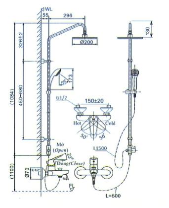 Kich thuoc bo voi sen tam dung Inax BFV1115S