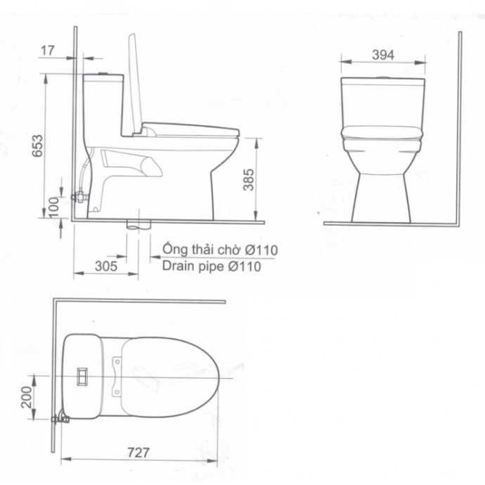 Kích thước bồn cầu 1 khối Inax AC-969VN-2/ BW1 Kich thuoc bon cau Inax AC-969VN-2