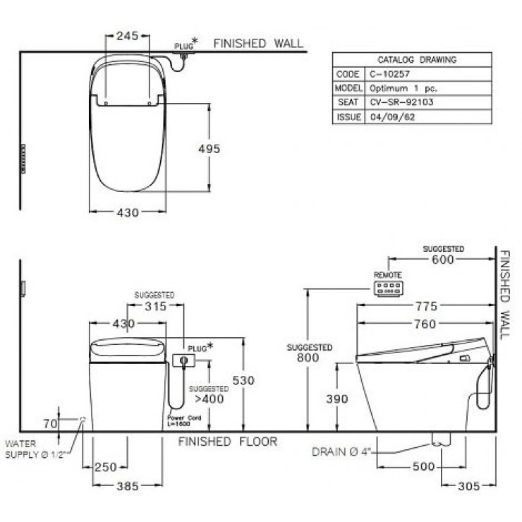 Bàn cầu Cotto 1 khối C10257 Optimum 430x525x760 trắng