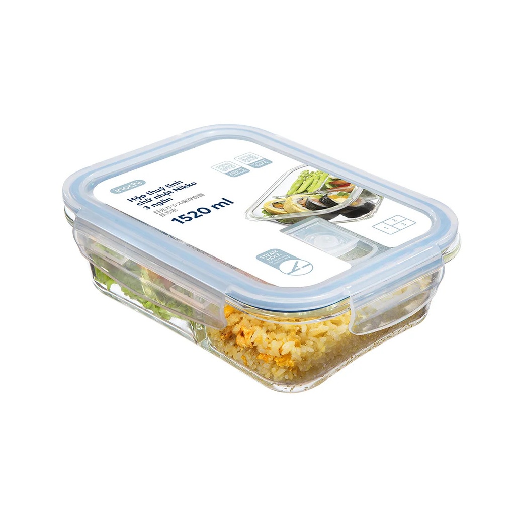 Hộp thủy tinh Inochi chữ nhật Nikko 1520ml 3 ngăn
